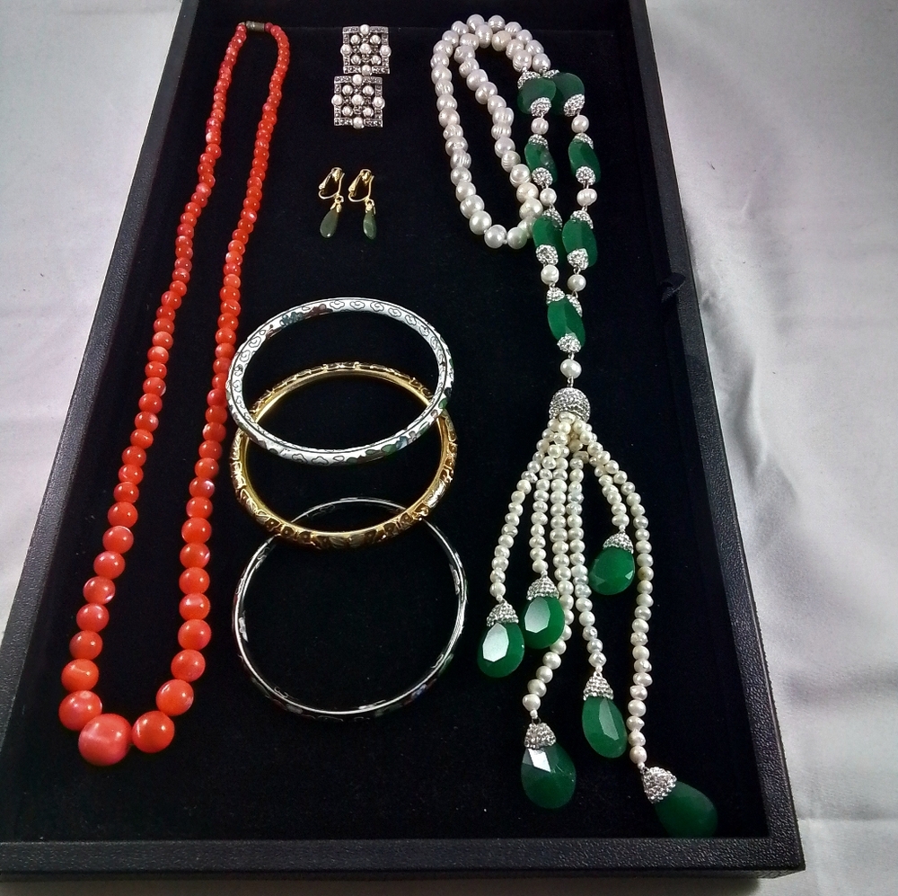 Asian Inspired Jewelry Lot, Jade, Pearl and Green Stone Necklace, Bracelets